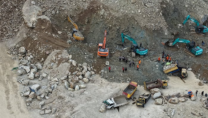 Drone view of search and rescue operations in the aftermath of rock collapse at a quarry in Cirebon, West Java Province, Indonesia May 30, 2025 in this picture obtained from social media. — Reuters