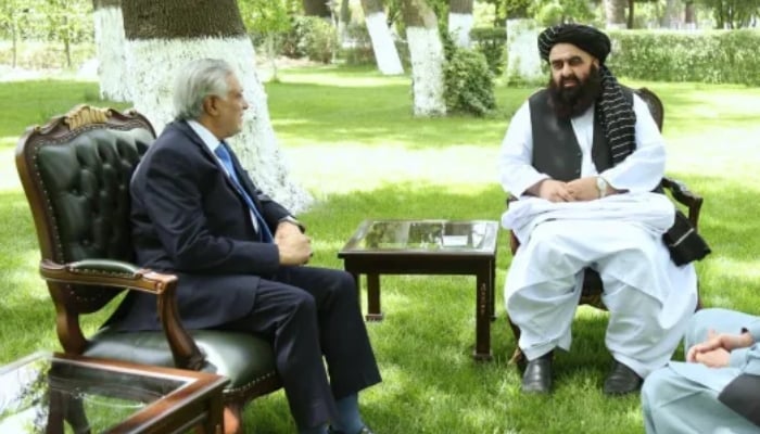 Deputy Prime Minister Ishaq Dar (left) in a meeting with Amir Khan Muttaqi, the Afghan interim foreign minister, during a visit to Kabul on April 19, 2025. — Handout/Afghanistan government
