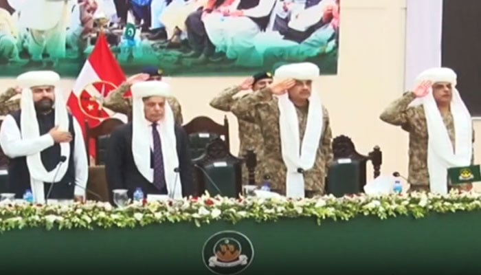 Caption: (From left to right) Balochistan Chief Minister Balochistan Chief Minister Sarfraz Bugti, Prime Minister Shehbaz Sharif and Field Marshal Asim Munir attend grand Jirga in Quetta on May 31, 2025. — Radio Pakistan
