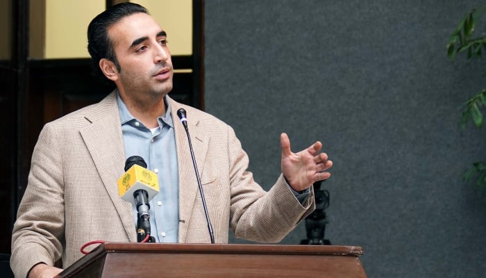 Pakistan Peoples Party (PPP) Chairman, Bilawal Bhutto Zardari addresses during the Peoples Party Sindh Council meeting, held at CM House in Karachi on Saturday, March 15, 2025. — PPI