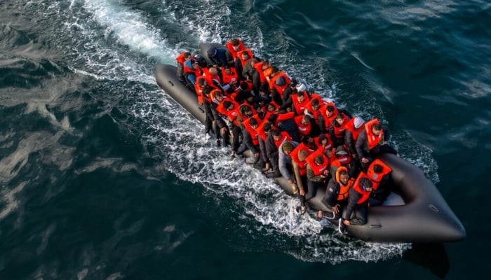 In this drone view an inflatable dinghy carrying migrants makes its way towards England in the English Channel, Britain, May 4, 2024. — Reuters
