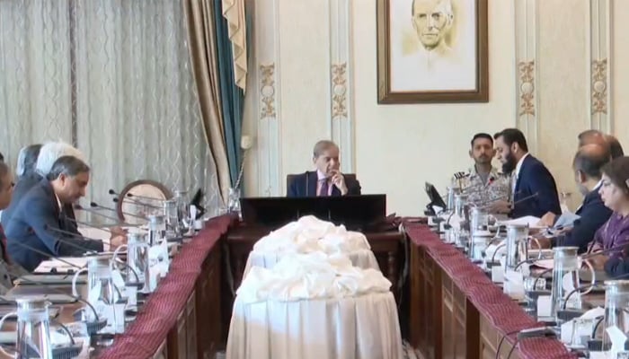 PM Shehbaz Sharif chairs a meeting in this screengrab taken from a video. — Radio Pakistan