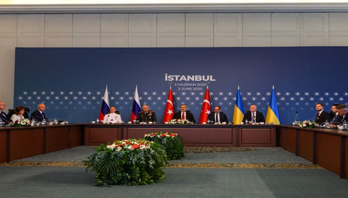 Russian delegation, led by presidential adviser, Vladimir Medinsky, Chief of the Turkish General Staff, Metin Gurak, Turkish Foreign Minister Hakan Fidan, Turkeys intelligence chief, Ibrahim Kalin, Ukrainian delegation led by Ukrainian Defence Minister Rustem Umerov, attend a meeting at Ciragan Palace on the day of the second round of peace talks between Russia and Ukraine, in Istanbul, Turkey, June 2, 2025 — Reuters