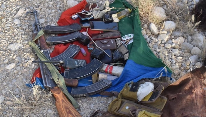 Weapons and other belongings of the terrorists killed by Pakistan armed forces. —ISPR/File