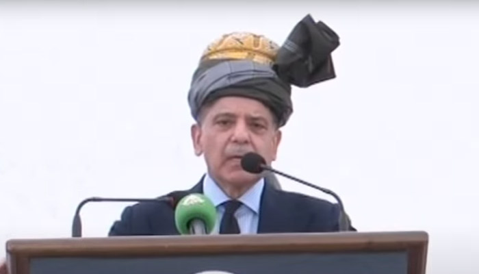 Prime Minister Shehbaz Sharif addresses tribal jirga in Peshawar, Khyber Pakhtunkhwa, June 3, 2025. — Screengrab via YouTube/Geo News