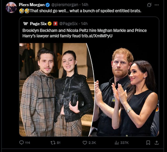 Piers Morgan breaks silence on Meghan Markle, Harry, Nicola Peltz and Brooklyns friendship
