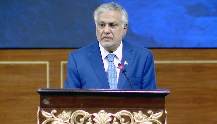 Deputy Prime Minister and Foreign Minister, Senator Mohammad Ishaq Dar delivers opening remarks at the “Pakistan Minerals Investment Forum”, Islamabad, April 8, 2025. — AFP