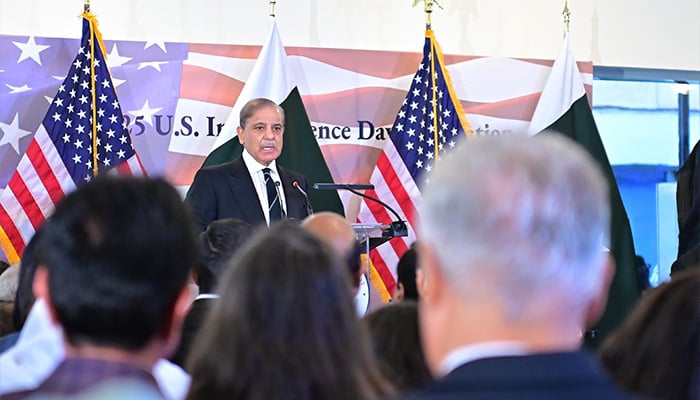 PM Shehbaz Sharif addresses a ceremony organised on the eve of 249th anniversary of independence day of United States of America on June 4, 2025. — APP