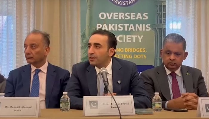 Pakistan Peoples Party (PPP) Chairman Bilawal Bhutto Zardari is seen addressing a gathering of overseas Pakistanis in New York on June 4, 2025. — YouTube@Pakistan Peoples Party/Screengrab