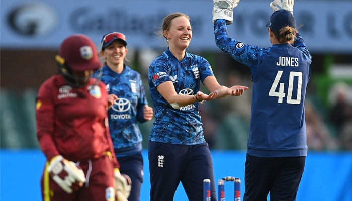 Women's cricket players in England celebrate after the defeat of the West Indies Women Cricket team in ODI for the second women in the Grace Road in Leicester, England on June 4, 2025. - x/@England Scrickket