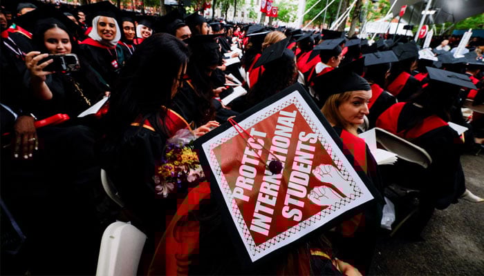 A graduating student wears their hat, decorated with a statement of support for international students, during the 374th Commencement exercises at Harvard University in Cambridge, Massachusetts, US, May 29, 2025. — Reuters