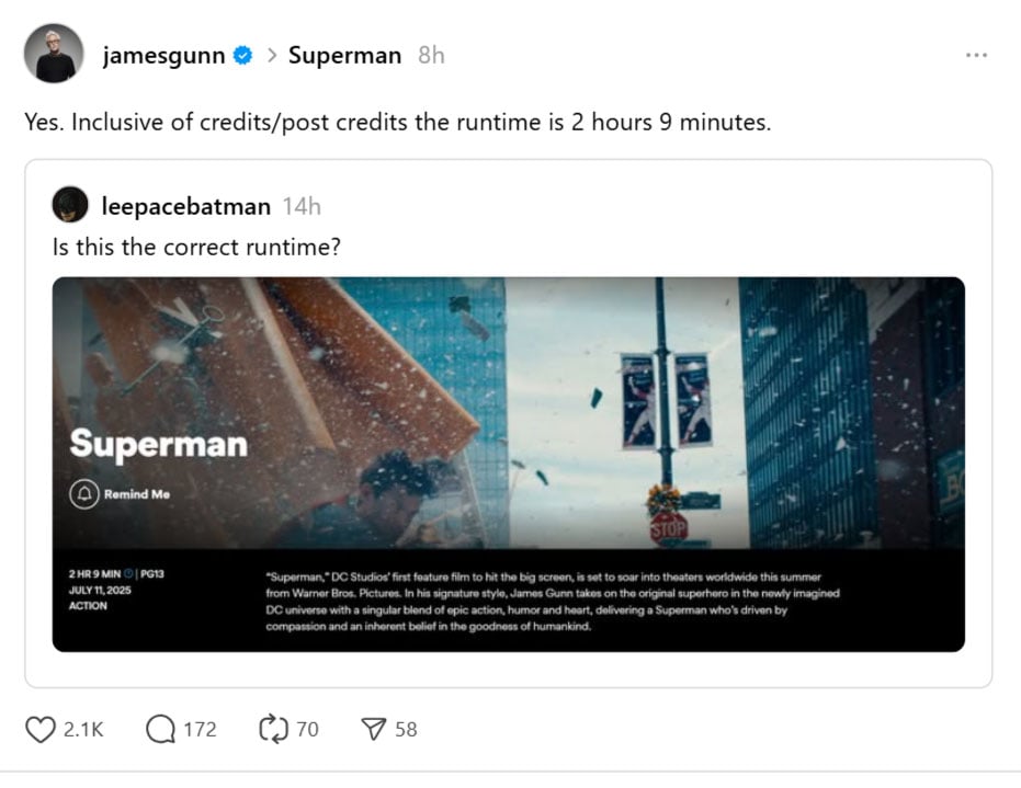 James Gunn reveals the real runtime of his film ‘Superman