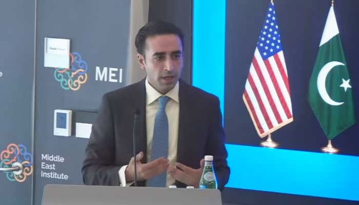 PPP chief Bilawal Bhutto-Zardari is speaking at the Middle East Institute on the challenges and opportunities in Pakistan-US relations. — Screengrab via YouTube/Middle East Institute
