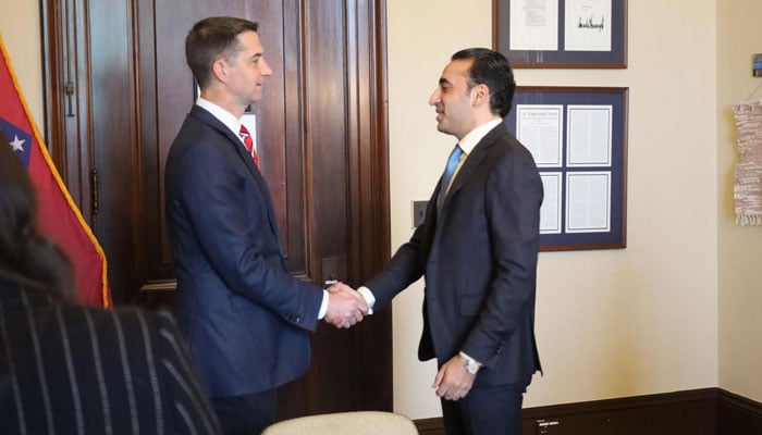 Former foreign minister and Pakistan Peoples Party (PPP) Chairman Bilawal Bhutto-Zardari (left) meets US Senator Tom Cotton in this undated image. — X/@BBhuttoZardari