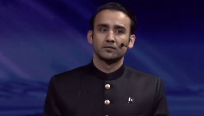 Pakistan’s Minister for Crypto and Blockchain, Bilal Bin Saqib, addressing the Bitcoin Vegas 2025 in Las Vegas. — Instagram@cryptocouncilpk