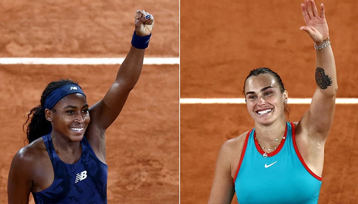 This combination of pictures created on June 06, 2025 shows (L) US Coco Gauff and Belarus Aryna Sabalenka celebrating after winning separate matches. — AFP