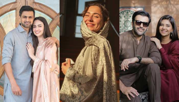 Former Pakistan captain Shoaib Malik (left) with actor wife Sana Javed; Actor Haniya Aamir; and TV actors Hassan Ahmed with wife Sunita Marshall. — Instagram/@sanajaved.official/@haniaheheofficial/@sunitamarshallofficial