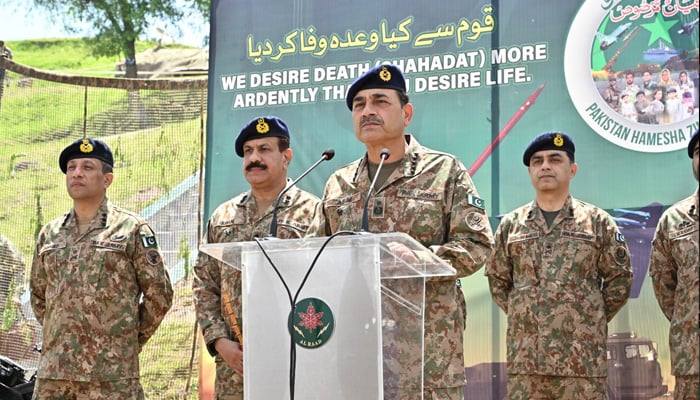 Field Marshal Syed Asim Munir addresses frontline troops deployed at the LoC in his visit on the occasion of Eid ul Adha on June 7, 2025. — ISPR