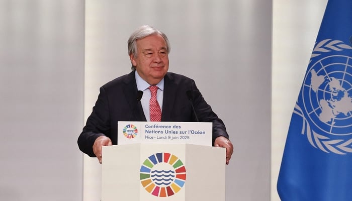 UN General Secretary Antonio Guterres addresses the opening session of the third United Nations Ocean Conference in the French city of Nice, on June 9, 2025.— AFP