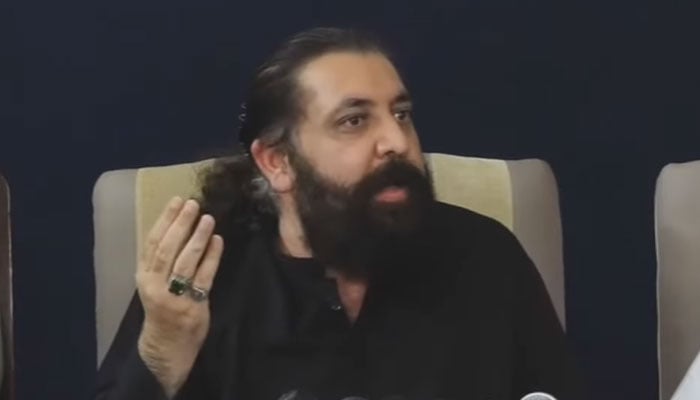 Pakistan Tehreek-e-Insaf spokesperson Sheikh Waqas Akram addresses press conference after the government presented Pakistan Economic Survey 2024-25 in Islamabad, June 9, 2025. — Screengrab via Geo News