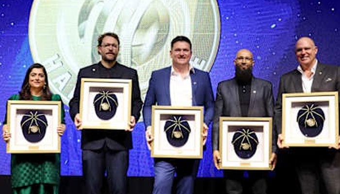 Pakistans former womens cricket captain Sana Mir (first left) poses with her Hall of Fame cap along with other inductees during an ICC ceremony no June 9, 2025. — ICC website