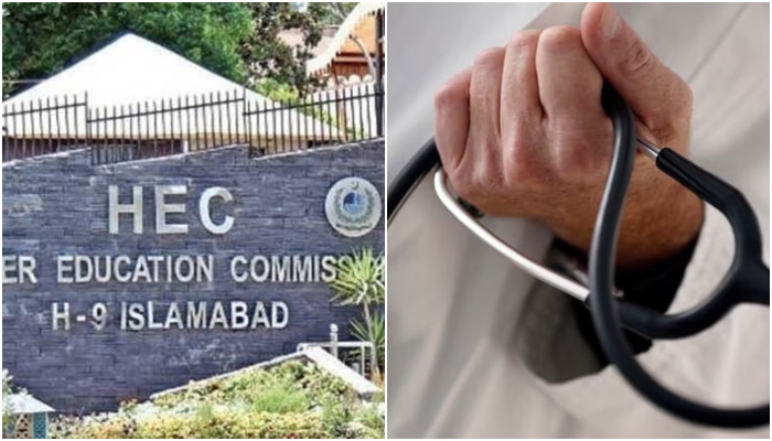 This representational collage shows building of the Higher Education Commission in Islamabad and a French general practitioner holding a stethoscope in a doctors office. — HEC website/File
