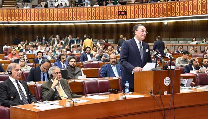 Finance Minister Muhammad Aurangzeb is presenting a federal budget for fiscal year 2025-26 in National Assembly on June 10, 2025. — X/@NAofPakistan