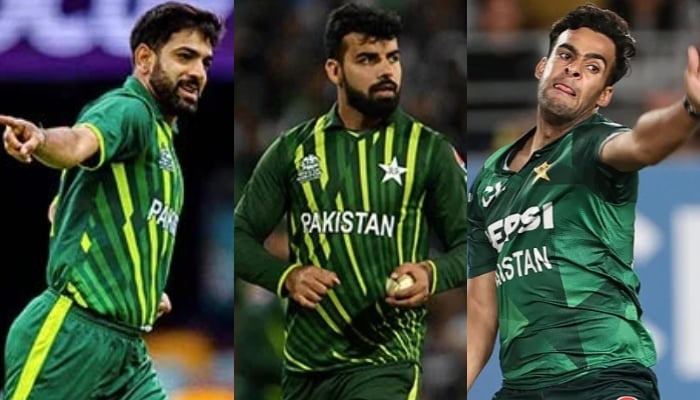 A collage of Pakistans star bowlers Haris Rauf, Shadab Khan and Abbas Afridis pictures. — AFP/File