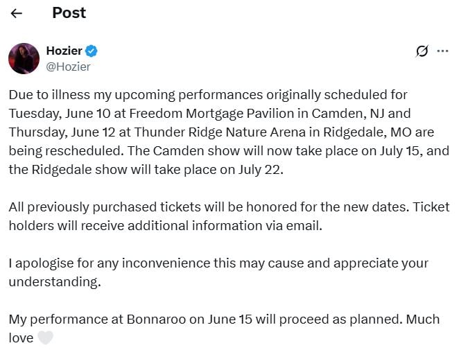 Hozier cancels concerts post vocal struggle at Governors Ball