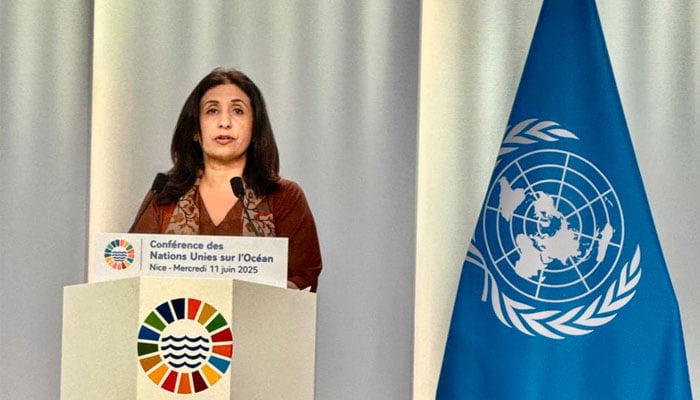 Ambassador of Pakistan to France Mumtaz Zahra Baloch speaks at the third United Nations Ocean Conference in Nice, France. — X/@PakinFrance