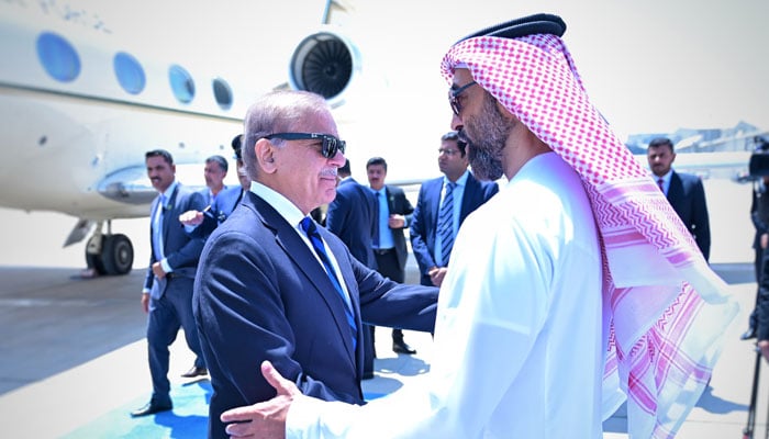 Prime Minister Shehbaz Sharif is received by Abu Dhabis Deputy Ruler and National Security Adviser Sheikh Tahnoon bin Zayed Al Nahyan on June 12, 2025. — Pakistan Embassy Abu Dhabi