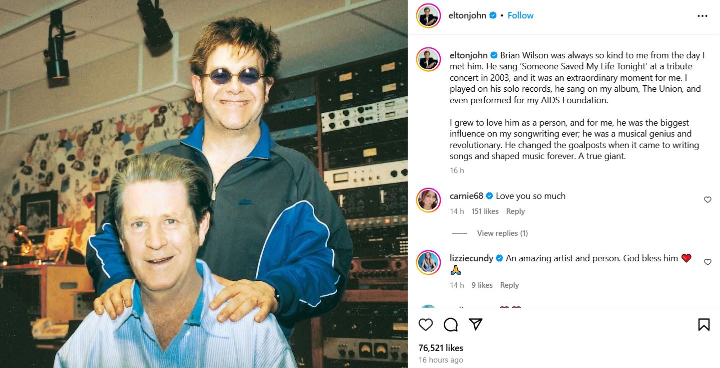 Sir Elton John mourns loss of ‘kind Brain Wilson