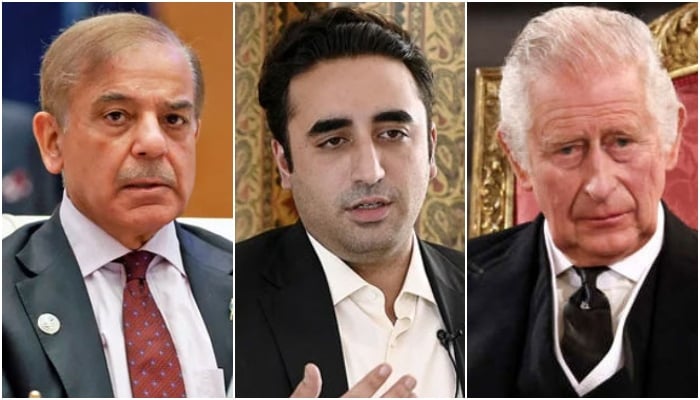 (From left to right) Prime Minister Shehbaz Sharif, PPP Chairman Bilawal Bhutto-Zardari and Britains King Charles III. — AFP/File