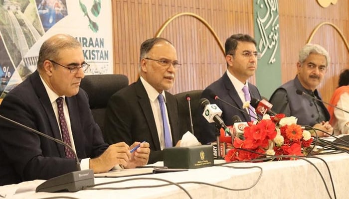 Federal Minister for Planning & Development Ahsan Iqbal (second from left) addresses a press conference on post-budget 2025-26, accompanied by secretary planning, chief statistician and chief economist in Islamabad, June 12, 2025. — PID