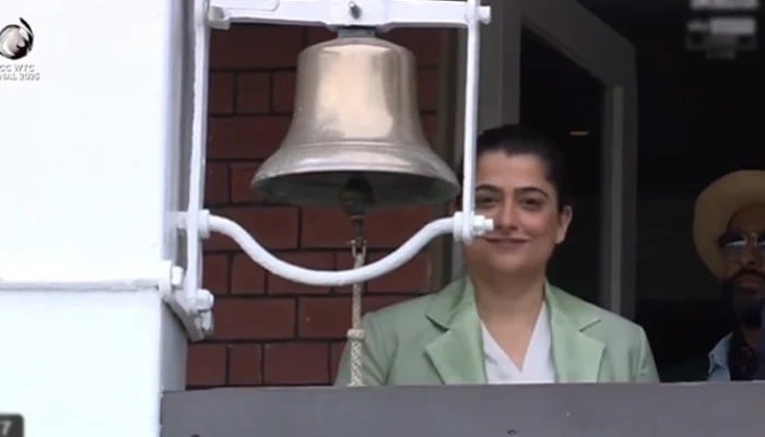 Captain of the former Women's Cricket Team in Pakistan, Sana Mir, the bell on the second day of the World Championship Final for Test between Australia and South Africa at Lords Cricket Ground in London on June 12, 2025. - Screengrab