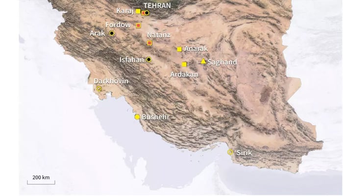 Infographic with a map of Iran showing nuclear sites, reactors and uranium mines. — AFP