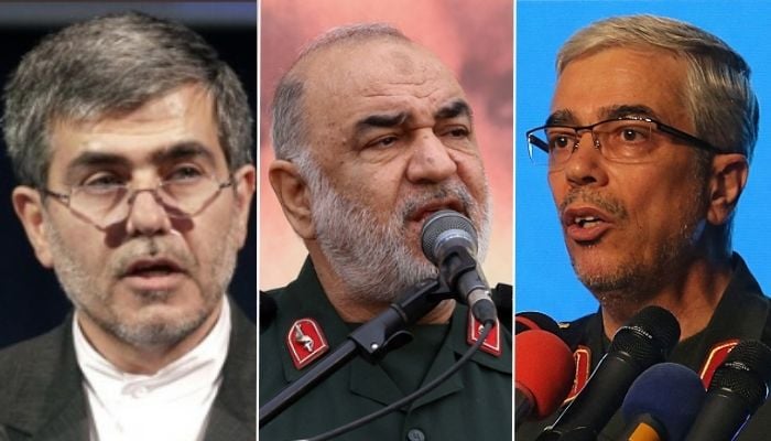 (From left to right) Nuclear scientist Fereydoun Abbasi, Islamic Revolutionary Guard Corps (IRGC) Commander-in-Chief Major General Hossein Salami and Iranian Armed Forces Chief of Staff Mohammad Bagheri. — Reuters/AFP/File