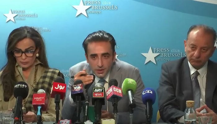 Ex-foreign minister and PPP Chairman Bilawal Bhutto-Zardari speaks during a press conference in Brussels, Belgium on June 14, 2025. — Screengrab via YouTube@PakistanPeoplesParty-PPP