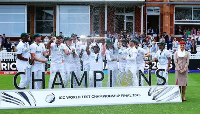 The South African team celebrates with the ICC Test Mace after defeating Australia in the World Test Championship final at Lords. — Reuters