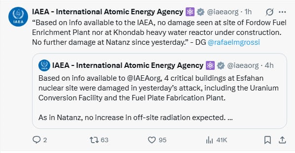 IAEA confirms no damage to Iran’s Fordow and Khondab nuclear sites