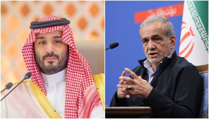 Saudi Arabias Crown Prince Mohammed bin Salman (left) attends the Arab League summit, in Jeddah, Saudi Arabia, May 19, 2023 and Irans President Masoud Pezeshkian attends a press conference in Tehran, Iran, September 16, 2024. — Reuters/File