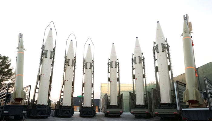 Iranian ballistic missiles are displayed during the ceremony of joining the Armed Forces, in Tehran, Iran on August 22, 2023. — Reuters