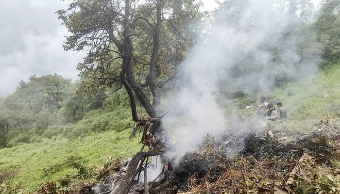 This handout photograph taken on June 15, 2025 and released by the State Disaster Response Force (SDRF) of Indias Uttarakhand state shows smoke billowing from the site of a chopper crash near Gaurikund. — Reuters