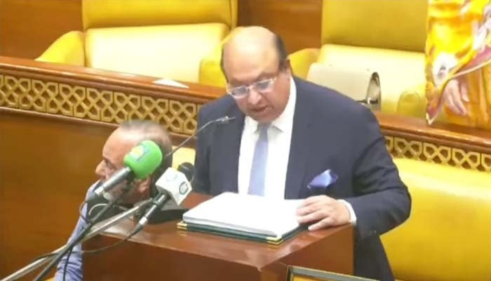 Punjab Finance Minister Mujtaba Shuja ur Rehman delivering budget speech at Punjab Assembly on June 16, 2025. — Screengrab via Geo News