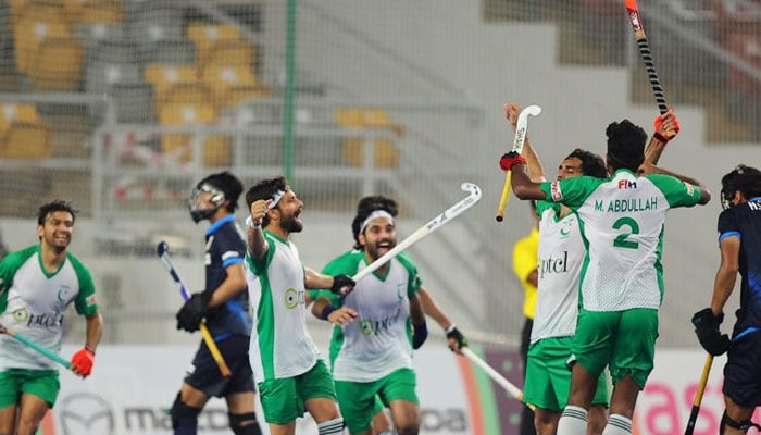 Pakistan hockey players celebrate after defeating Japan in the FIH Nations Cup in Kuala Lumpur on June 16, 2025. — X/@HokitaMY
