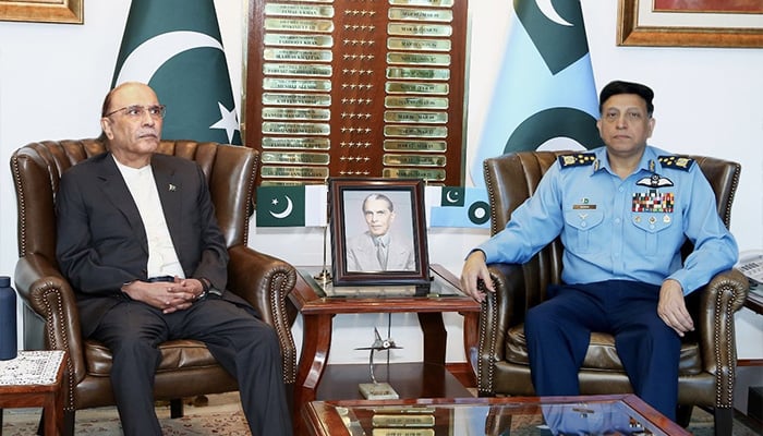 President Asif Ali Zardari calls on Chief of the Air Staff, PAF Air Chief Marshal Zaheer Ahmed Baber Sidhu at Air Headquarters, Islamabad, on June 17, 2025. — X/@MediaCellPPP