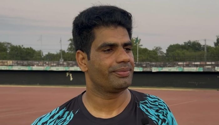 Pakistan’s Olympic gold medalist Arshad Nadeem speaks to Geo News during a training session at Lahore on June 18, 2025. — Reporter