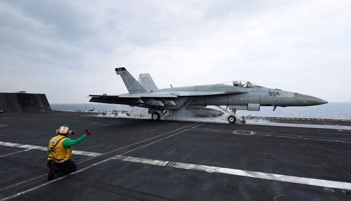 A F/A-18E Super Hornet fighter, USS Dwight D. Eisenhower, Red Sea, February 13, 2024. — Reuters