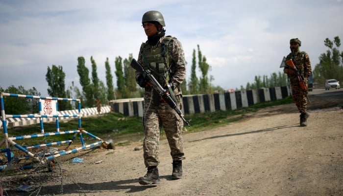 Members of Indian security personnel patrol on a highway, in Marhama village, Indian Illegally Occupied Jammu and Kashmir (IIOJK), April 23, 2025. — Reuters