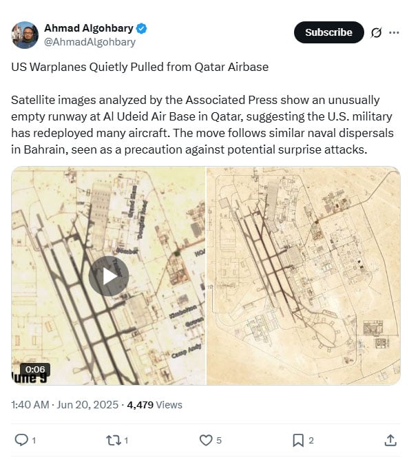Satellite images show mass aircraft pullout from US base in Qatar